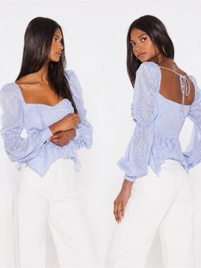 Song of Style Blue Swiss Dot Puff Sleeve Peplum Top Size S EUC Revolve